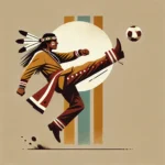 DALL·E 2025-01-28 08.57.55 – A flat-style illustration of a Native American man in traditional clothing delivering a dynamic kick, as if about to kick a ball. The pose is side-scr